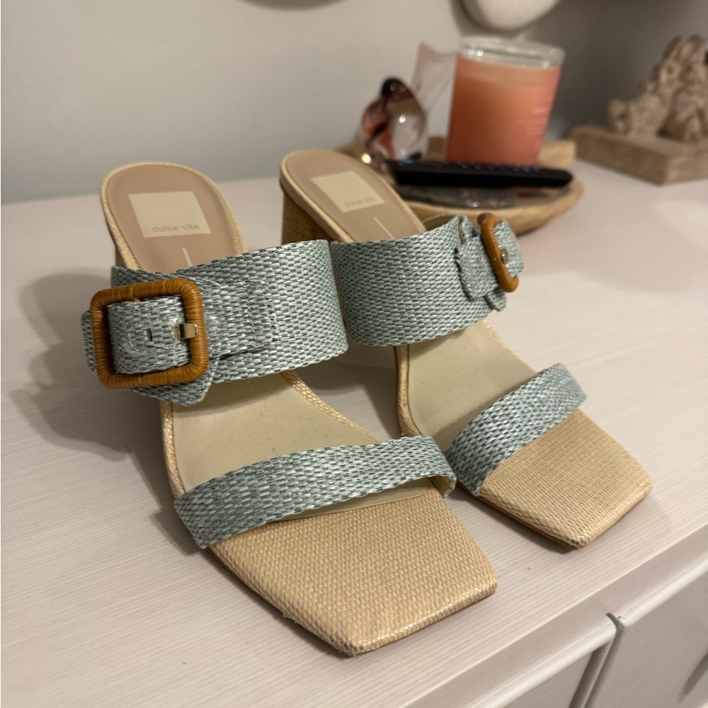 Dolce Vita Light Blue Woven Buckle Mules with Tan Footbed